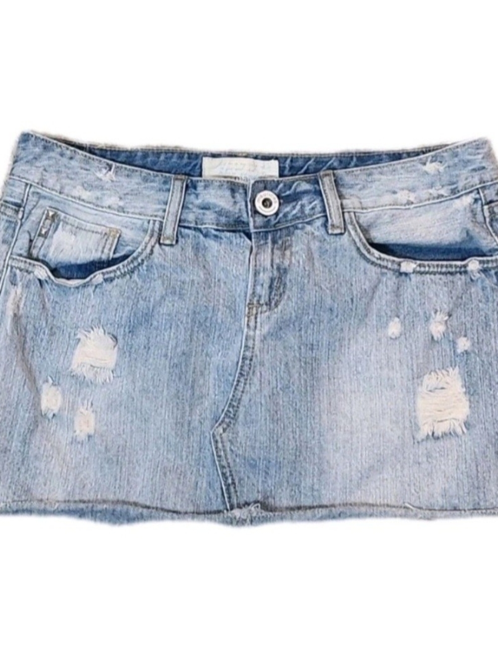 Y2K Maurices Low Rise Distressed 5 Pocket Micro Mini Light Denim Skirt Size 7/8